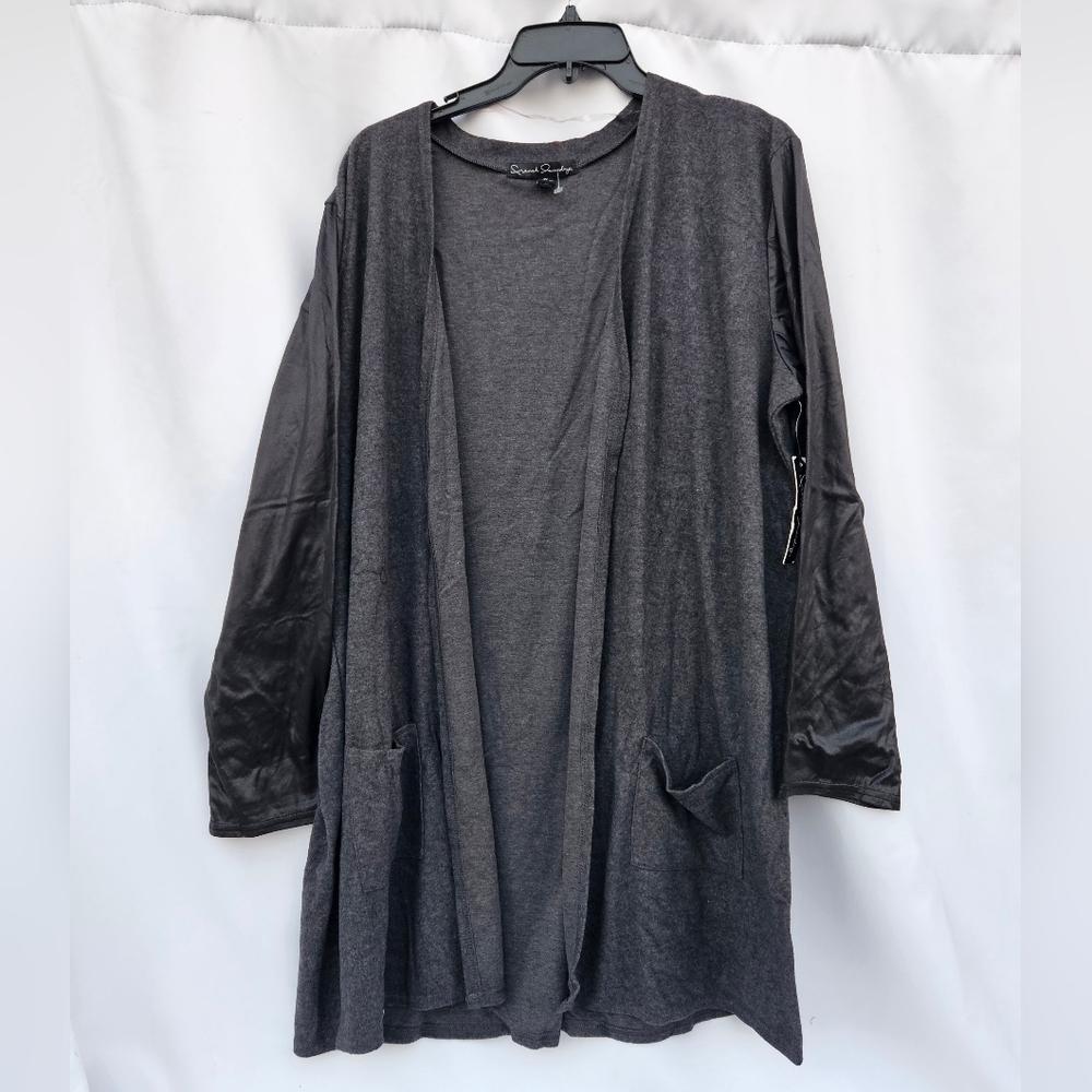 Plus Size French Laundry Open Front And Back Charcoal Cardigan Lng-Sleev Pockets